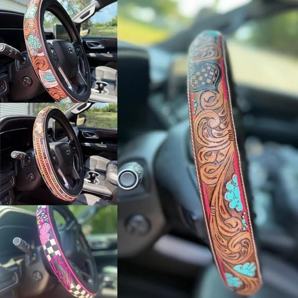 Western Steering Wheel Cover, Color Printed Embossed Hand-Painted Leather Western car Parts, for Women Man, Anti-Slip Design Easy to Install, for Trucks SUVs Cars (Style 4)