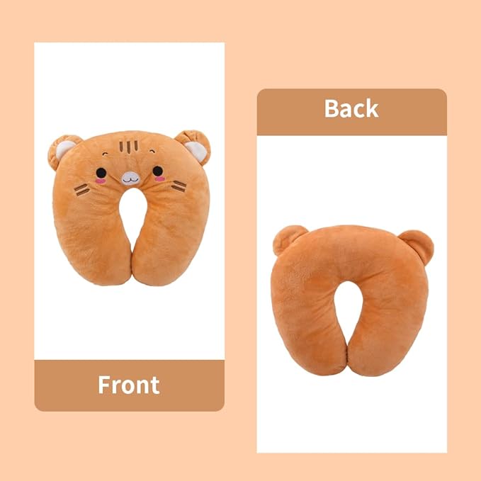 Travel Pillow for Kids, Cute Animal Neck Pillow Support U Shaped Cushion Plush Soft Rest Reading Pillows Sleeping Pillows for Airplane Train Car (Color:Yellow cat)