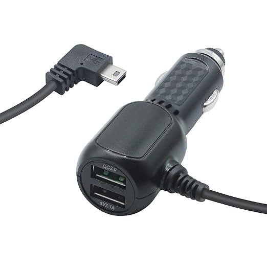Dash Cam Mini USB Power Cable 11FT, Right Angle 90 Degree Mini USB with Dual USB Port Fast Power Supply, for 12V-24V Car and Truck Dash Cam, GPS Navigator, MP3 Player and Other USB Devices