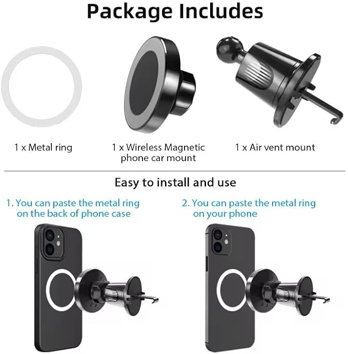 Generic SASHWA Wireless Car Vent Mount, 15W Magnetic Charger for iPhone 15/14/13/12 and Android, Superstrong Grip, 360° Rotation, Fast Charging Cable Included, Metal Ring with Sticker