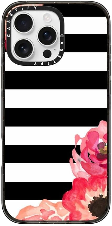 CASETiFY Impact iPhone 16 Pro Max Case [Slim/Compatible with Magsafe / 8.2 ft. 4X Military Grade Drop Protection] - Striped Florals (Black & White) - Clear Black
