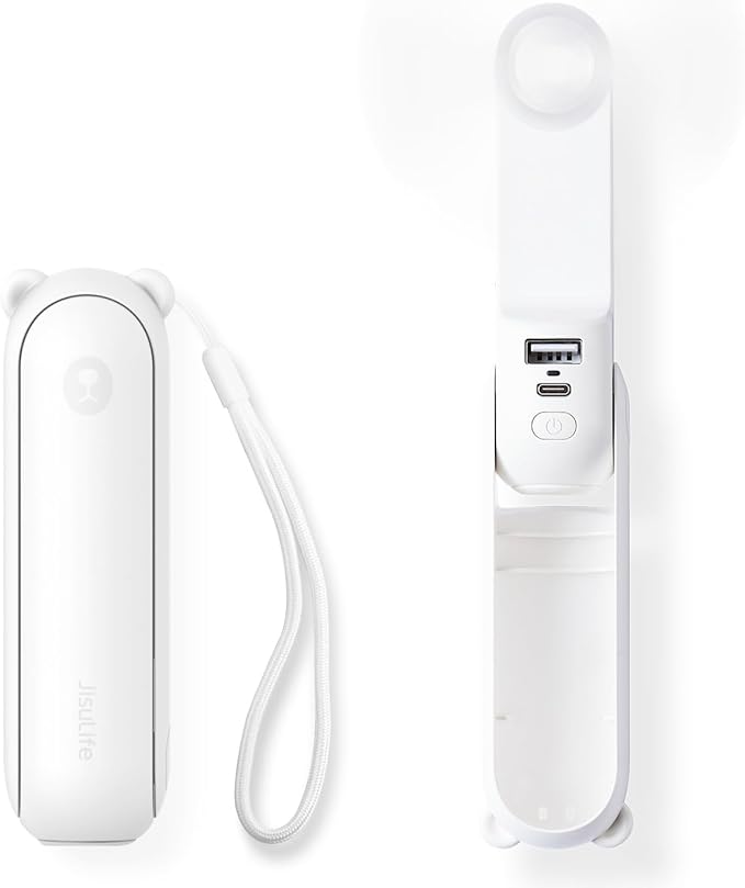 JISULIFE 3 IN 1 Handheld Mini Fan - Portable Fan & Power Bank & Flashlight, 19H Max Cooling, USB Rechargeable, Pocket-Sized for Travel, Cruise, Concerts, Makeup, 2026 Summer Gifts for Women(White)