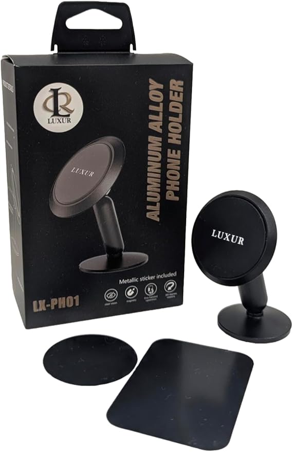 LX-PH01 Aluminum Alloy Compact Magnetic Car Phone Holder 360° Metal Matte Black Phone Mount Cell Phone Holders for Your Car/Gym/Mirror Mount for iPhone Samsung Pixel Mobile Phone.