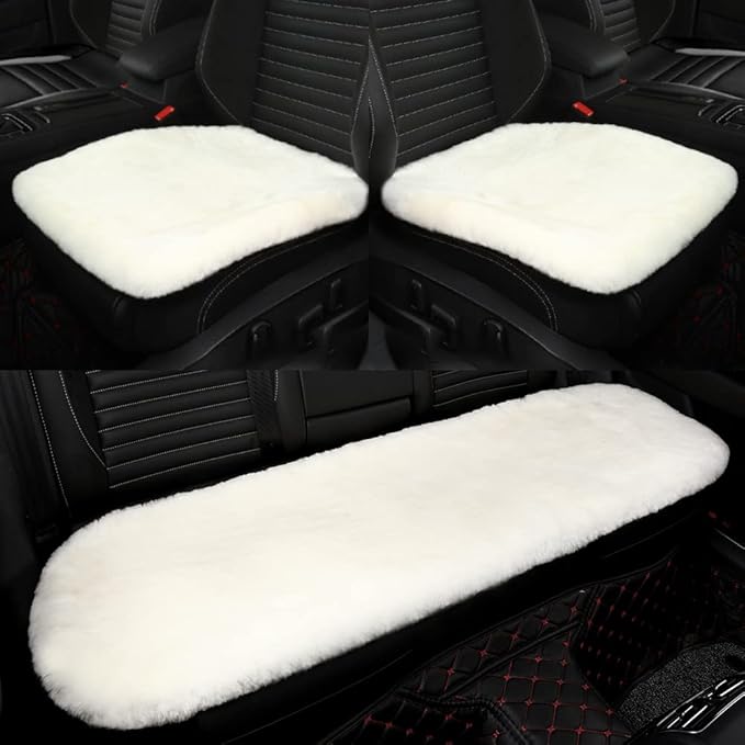 Genuine Sheepskin Auto Seat Pad, Soft Wool Seat Cover Breathable and Sweat-Wicking Universal Fit,19.2 inch x19.2 inch (Front seat Cushion 2pcs & Rear seat Cushion 1pc, Ivory White)