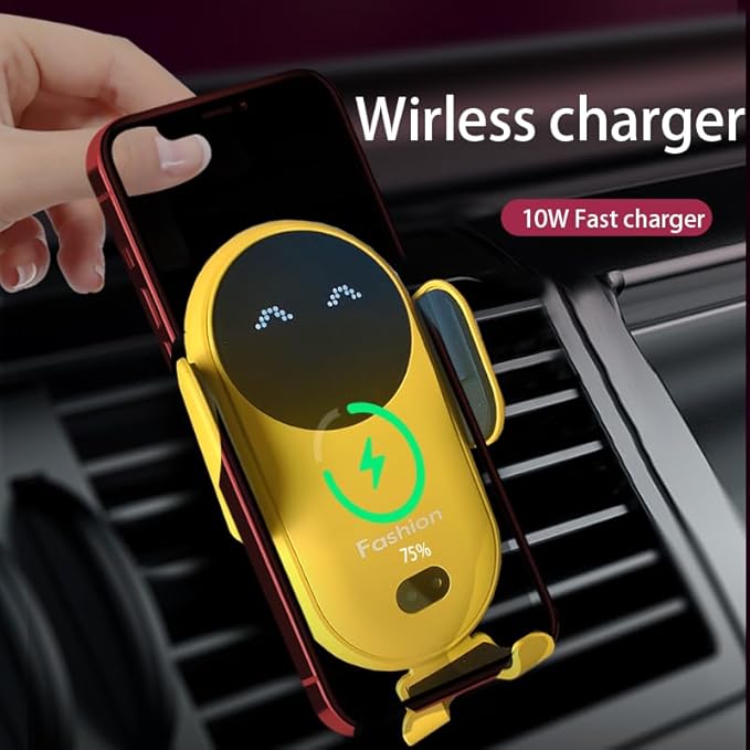 Wireless Car Charger Mount, Cute Car Phone Holder, Automatic Clamping Air Vent Dashboard Smart Phone Holder for iPhone 15/14/13/12/11//XS/XR/8, Samsung S23/22/21/20/Note 20, etc (Yellow)