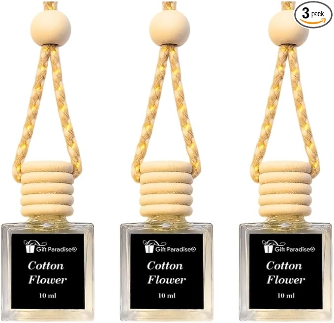 Gift Paradise® Clean Linen, cotton flower Car Air Freshener Set of 3 (10 ml Each) Fresh Cotton & Laundry Scent Diffuser with Wooden Cap, Long-Lasting Hanging Air Freshener for Car, Closet & Office