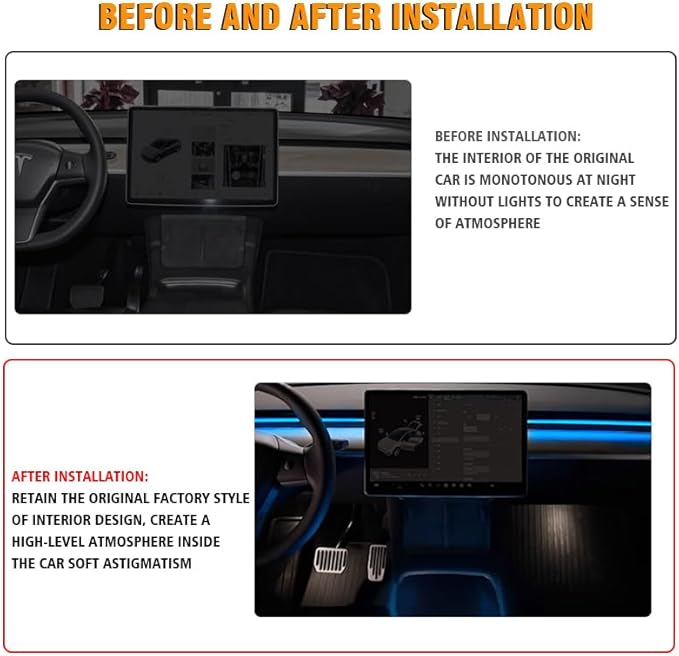 2021-2023 Tesla Model 3 Y Interior Car Neon Lights (Center Console+Dashboard+4 Foot Lights) with Matching Armrest Organizer, Ambient APP-Controlled RGB LED Strip Lights