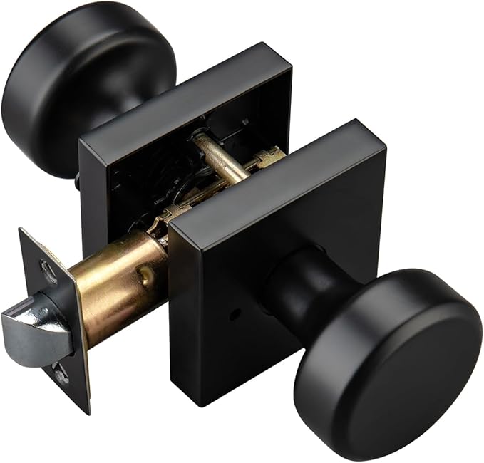 Black Door Knobs with Square Rosette, Interior Door Handles for Bath & Bed, Heavy Duty Door Knob with Lock