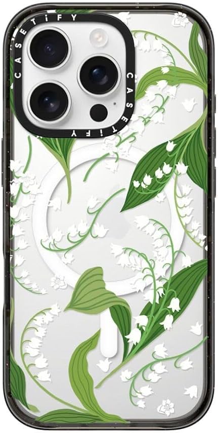 CASETiFY Impact Case for iPhone 16 Pro [Slim / 8.2 ft. 4X Military Grade Drop Protection/Compatible with Magsafe] - Lily of The Valley - Clear Black