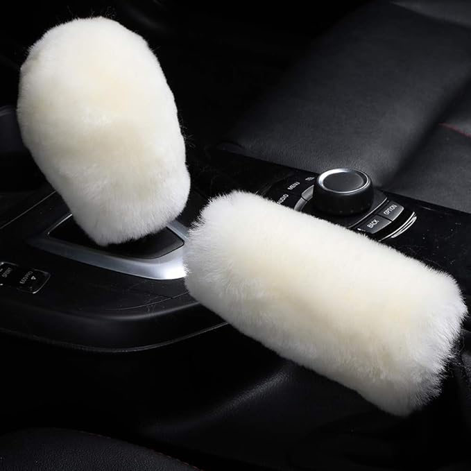 3Pcs/Set Pure Wool Fur Furry Steering Wheel Cover, Soft Fluffy Handbrake Cover Gear Shift Cover for Women Car SUV Truck Australia Sheepskin Accessories