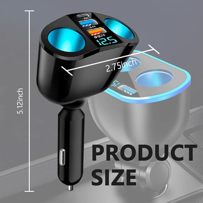 2026 New Upgrade 5 Port Cigarette Lighter Splitter,QC3.0&PD 20W Super Fast Car Charger with Dual Cigarette Lighter Plug with LED Voltmeter Compatible with iPhone 14 Pro iPad Dash Cam GPS (PD+QC+2.4A)