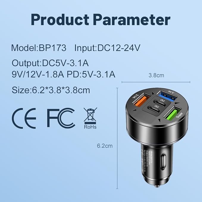 5 in 1 Multi Port USB C Car Phone Charger Adapter with Voltage, 100W Super Fast Charging Car Cigarette Lighter USB Charger for iPhone 16 15 14 13 12 11 Samsung Galaxy, iPad Pro and More