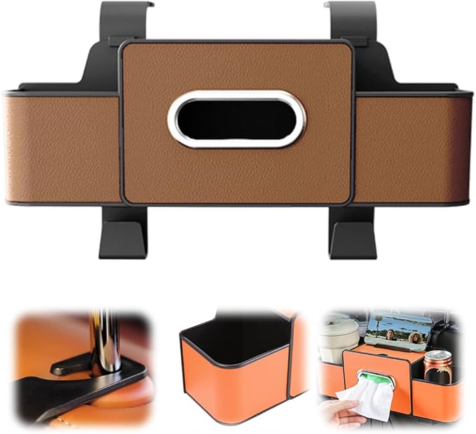 Cars Seat Back Bag, 2025 Upgrade Car Rear Backseat Extra Multifunctional Car Seat Back Storage Box, Multifunctional Car Seat Tissue Organizer with 2 Drink Cup Holder 2 Hooks (Brown)