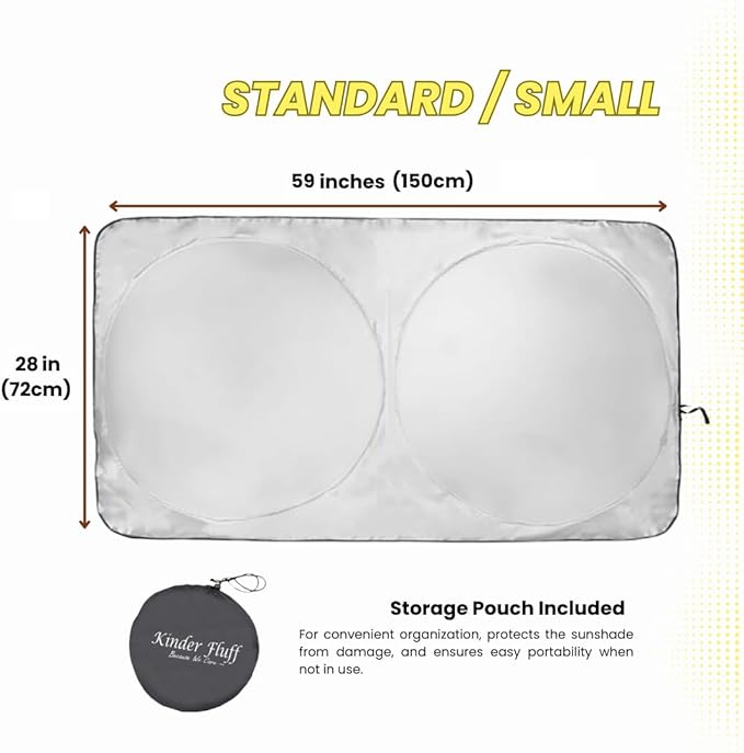 Windshield Sun Shade - Certified 99.87% UVB & 99.02% UVA Protection Car Sun Shade. Award Winning Sunshade for Car Windshield with Patented Technology. Size S 59"x28" Car Window Shades by Kinder Fluff