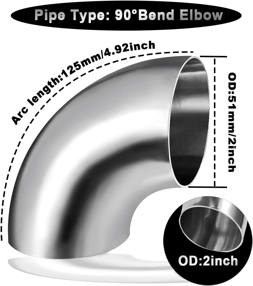 Cotonake OD 2 Inch 90 Degree SS304 Stainless Steel Bend Tube Exhaust Elbow Pipe for Car Modified Exhaust System 2" Piping Silver Tone，Stair Handrail (1pcs)