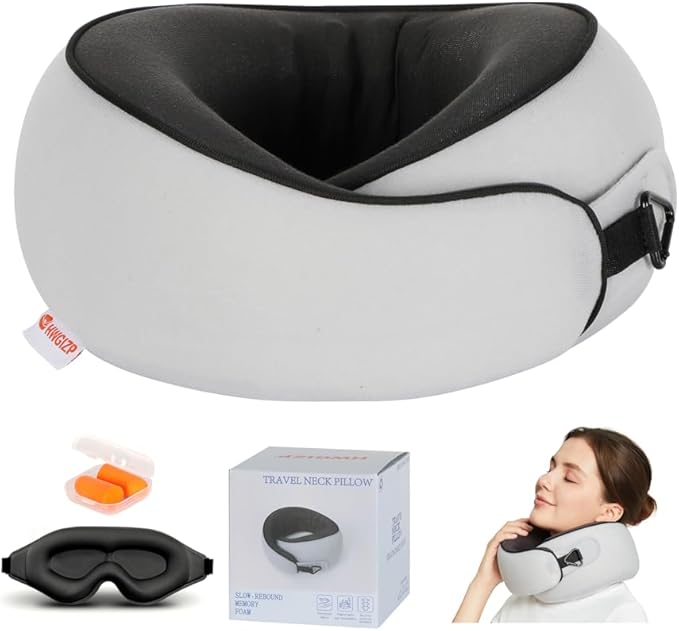 Travel Pillow, Memory Foam Neck Pillow for Airplane Sleeping, 360° Ergonomic Support Travel Pillow for Flights, Portable Set with 3D Eye Mask & Earplugs, Comfort for Plane Car Train