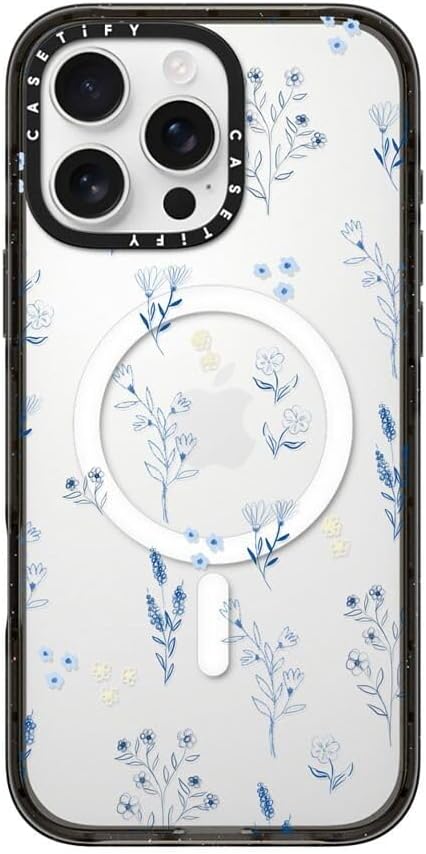 CASETiFY Impact Case for iPhone 16 Pro Max [Slim / 8.2 ft. 4X Military Grade Drop Protection/Compatible with Magsafe] - Small Blue Flowers - Clear Black