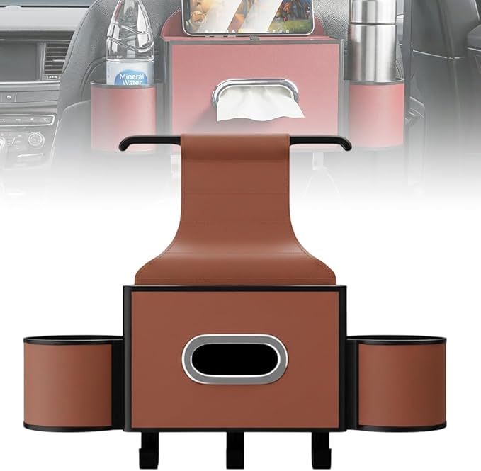 3-in-1 Car Backseat Organizer with Cup Holder, Tissue Box, Trash Bin & Hooks,Multifunctional Back Seat Car Organizer for Hold Phones,Snacks,Drinks,and Handbags (A-Orange)