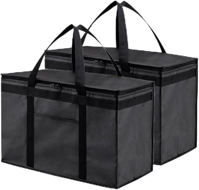 NZ home Insulated Bags for Food Delivery (2XL) Grocery Shopping Cooler Bag, Pizza Delivery, Hot & Cold Catering Tote, Reusable, Foldable & Heavy Duty (2 Pack, Black)
