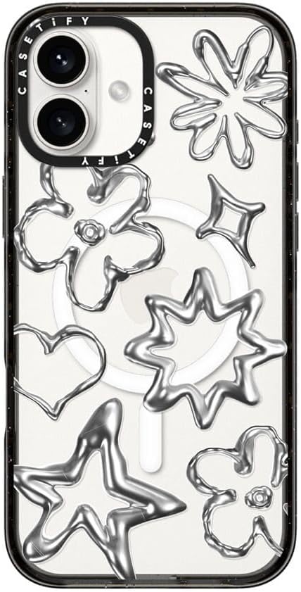 CASETiFY Impact Case for iPhone 16 Plus [Slim / 8.2 ft. 4X Military Grade Drop Protection/Compatible with Magsafe] - Chrome Doodles - Clear Black
