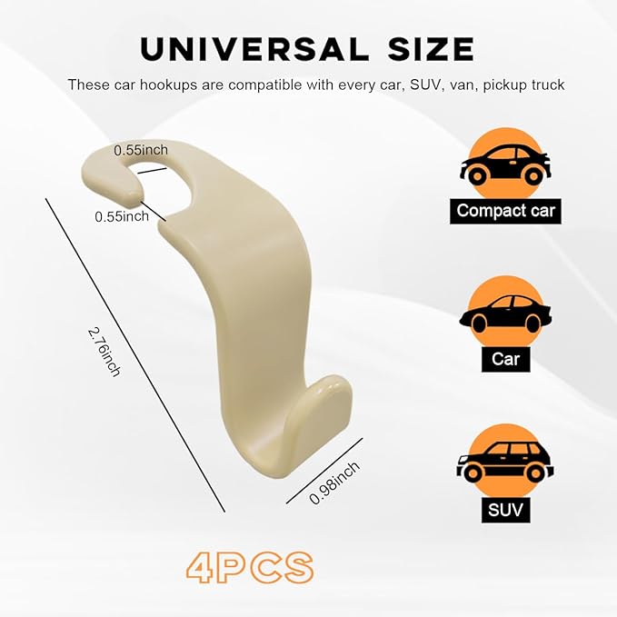 4PCS Car Seat Headrest Hook, Auto Back Seat Hanging Storage Organizer, Vehicle Seatback Hanger Holder for Purse Handbag Coat Umbrella, Universal Interior Car Accessories (Beige)