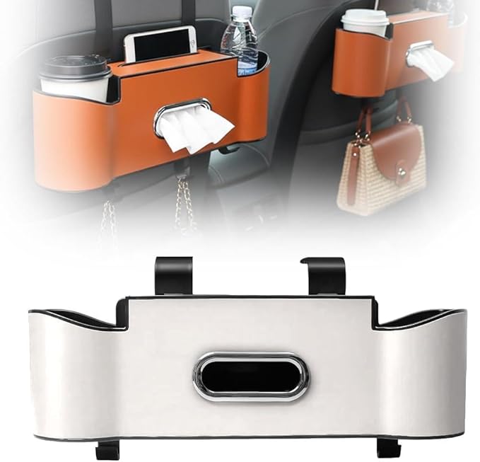 3-in-1 Car Backseat Organizer, 2026 New Multifunctional Back Seat Car Organizer with Cup Holder, Tissue Box, Trash Bin & Hooks for Hold Phones, Snacks, Drinks, Handbags (1, Beige)