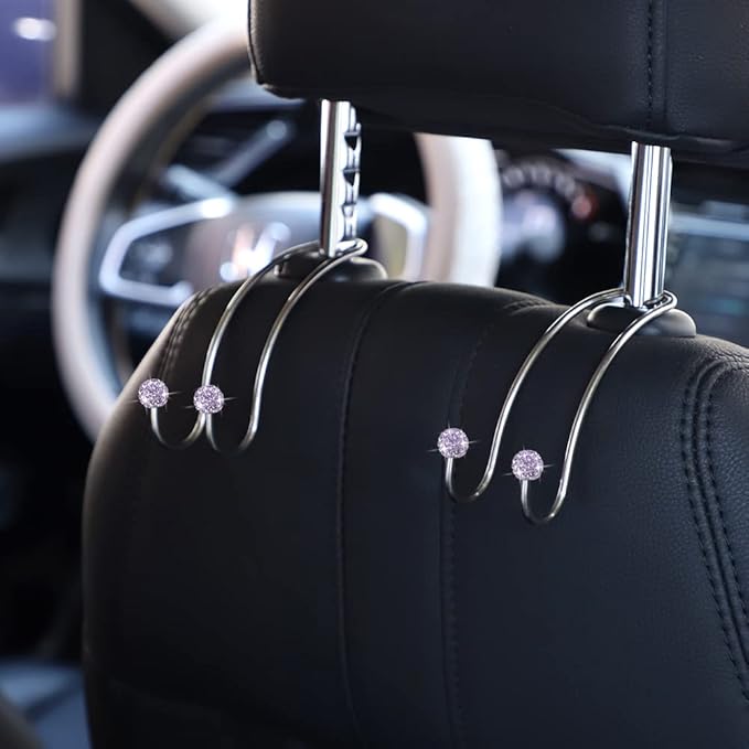 SAVORI Auto Hooks Bling Car Hangers Organizer Seat Headrest Hooks Strong and Durable Backseat Hanger Storage Universal for SUV Truck Vehicle 2 Pack (Light Purple)
