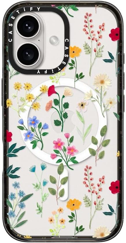 CASETiFY Impact Case for iPhone 16 [Slim / 8.2 ft. 4X Military Grade Drop Protection/Compatible with Magsafe] - Spring Botanicals 2 - Clear Black