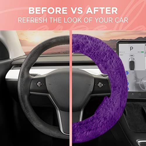 Carbella Aspen Purple Fuzzy Steering Wheel Cover for Women ‚Äì Cute and Stylish Fluffy Fur Steering Wheel Cover for Cars Trucks Vans SUVs, Universal Fit for Wheel Sizes 14.5 to 15.5 inches