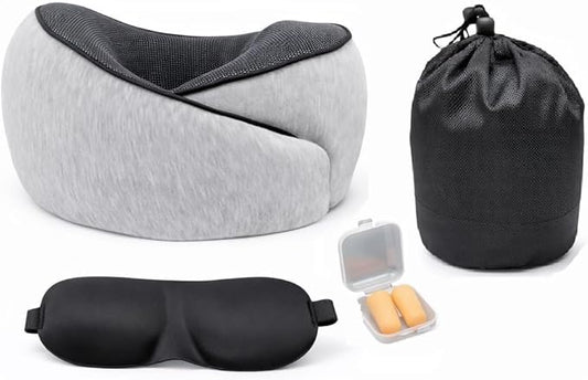 Neck Travel Pillow |100% Pure Memory Foam Neck Pillow Comfortable & Breathable Cover, Machine Washable for Travel, Airplane, Car Rides, & Home Use, Travel Kit with Eye Masks, Earplugs, & Bag (Gray)