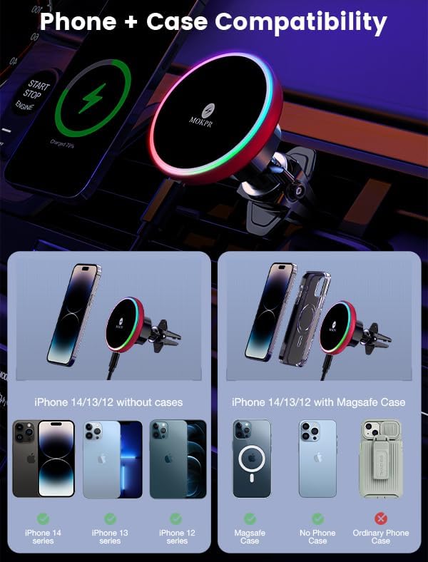 MOKPR for Magsafe Car Mount Charger-15W Wireless Car Charger-Magnetic Car Phone Holder for Dash Air Vent-LED RGB HandsFree Car Mount Fast Car Charger for iPhone 16 15/14/13/12 Series RED