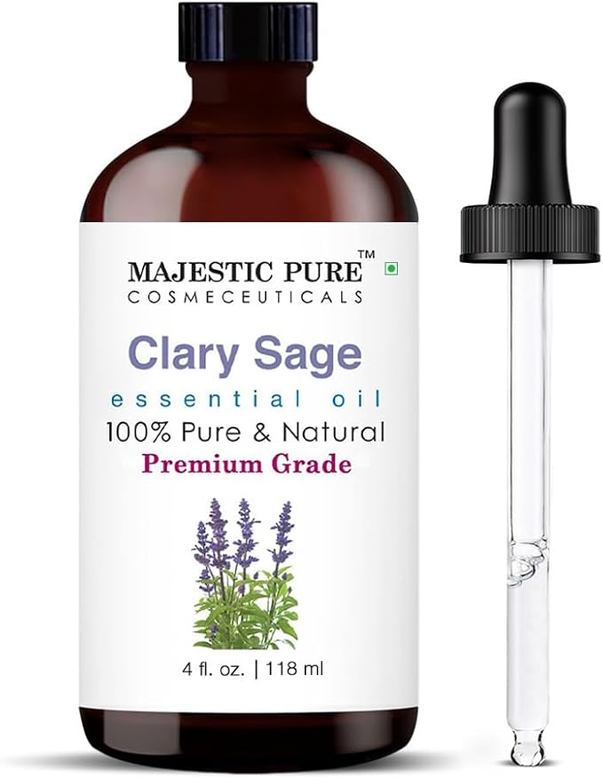 Majestic Pure Essential Oil with Glass Dropper - 100% Pure and Natural - Essential Oils for Diffuser, Aromatherapy, Soap and Candle Making, Clary Sage Essential Oil, Clary Sage Oil, 4 Fl Oz