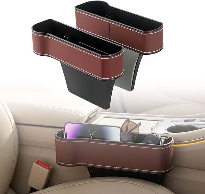 Car Seat Gap Filler Organizer, 2026 New Premium Leather Console Organizer for Holding Phone, Sunglasses, Auto Console Side Storage Box with Cup Holders 2 Seat Hooks for Drink (Brown, 1Set)