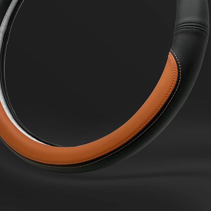 Morandi Color Steering Wheel Cover, Nappa Leather, Fashionable Sporty Style, Universal 15 inches, Black and Orange