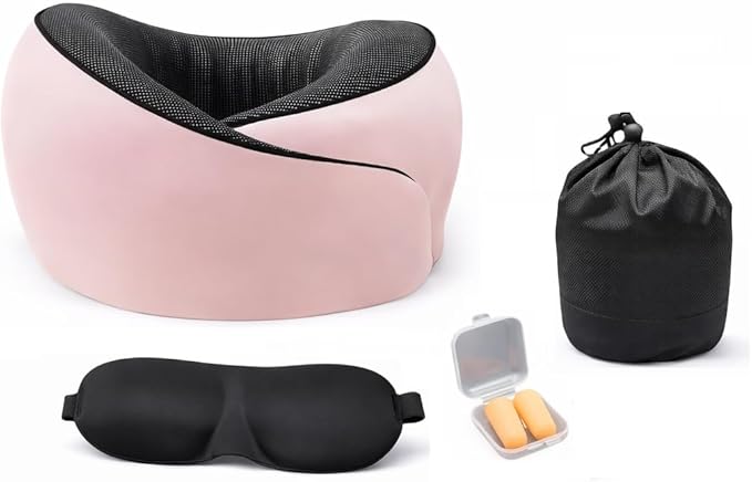 Neck Travel Pillow |100% Pure Memory Foam Neck Pillow Comfortable & Breathable Cover, Machine Washable for Travel, Airplane, Car Rides, & Home Use, Travel Kit with Eye Masks, Earplugs, & Bag (Pink)
