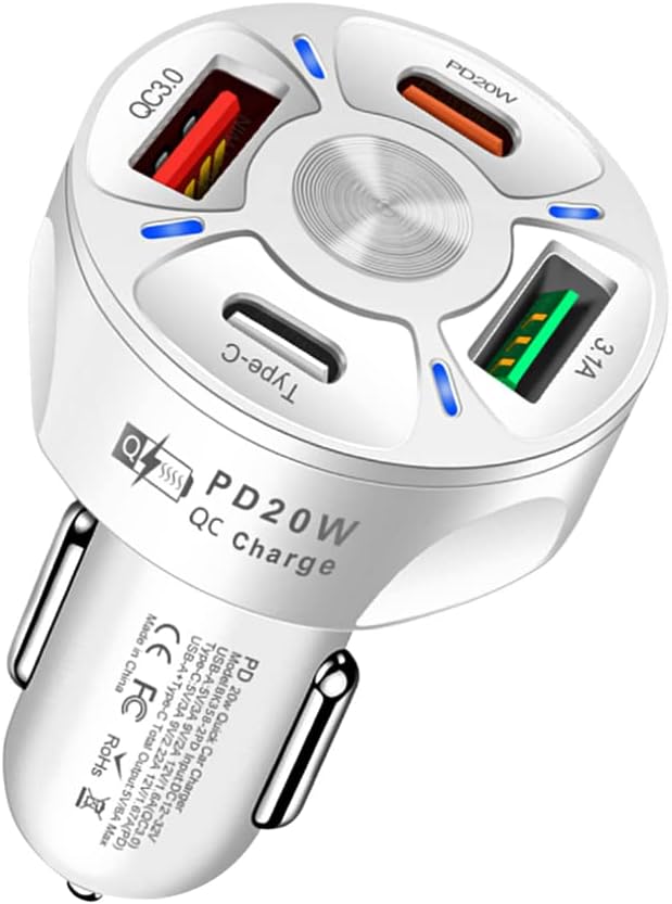 4 Port Car Charger USB C Adapter with LED Light,Quick Charge with Type C/PD 20W/QC 3.0 Fast Charging CCar Cigarette Lighter Adapter for iPhone 14 13 12 S22 S21 S20 iPad Pro& More Car (White)
