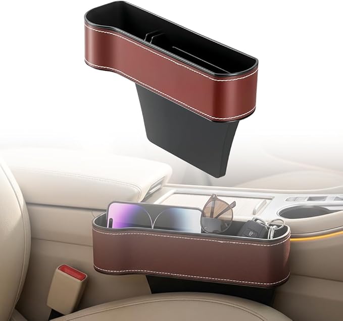 Car Seat Gap Filler Organizer, 2026 New Premium Leather Console Organizer for Holding Phone, Sunglasses, Auto Console Side Storage Box with Cup Holders 2 Seat Hooks for Drink (Brown, Driver's Seat)