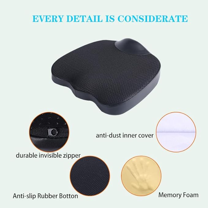 Decompression Cushion, Comfort Memory Foam Seat Cushion for Car Seat Drivers, Tailbone (Coccyx) Pain Relief Cushion, Office Chair Cushion (Black)