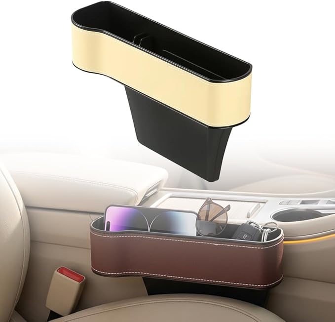 Car Seat Gap Filler Organizer, 2026 New Premium Leather Console Organizer for Holding Phone, Sunglasses, Auto Console Side Storage Box with Cup Holders 2 Seat Hooks for Drink (Beige, Driver's Seat)
