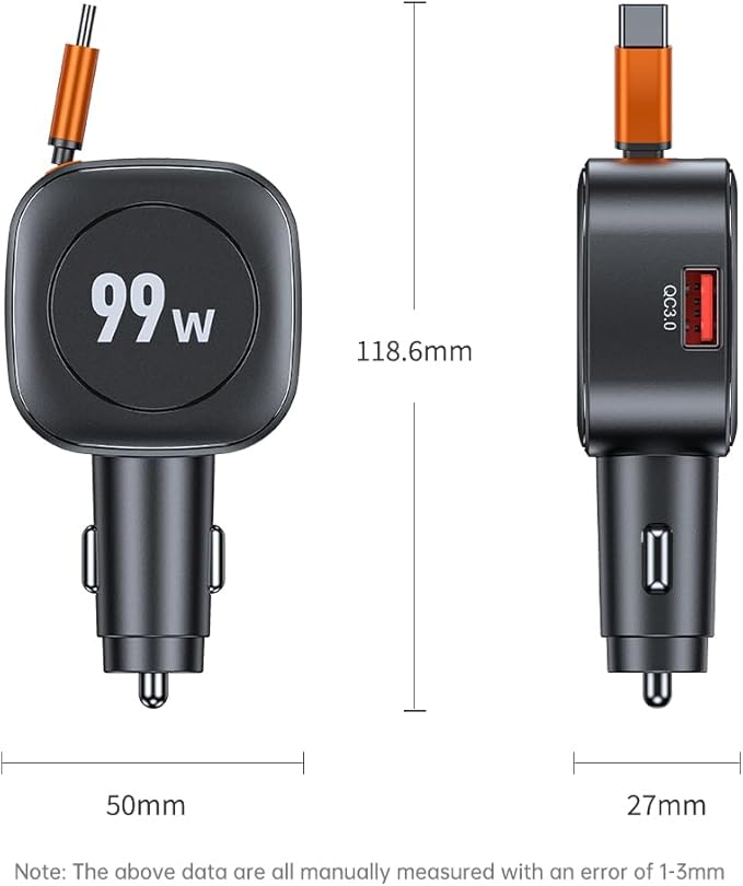 Retractable Car Charger, 99W USB C Car Charger Adapter, 3-in-1 Multi Port Fast Charging Car Accessories Compatible with iPhone 17/16/15 Series
