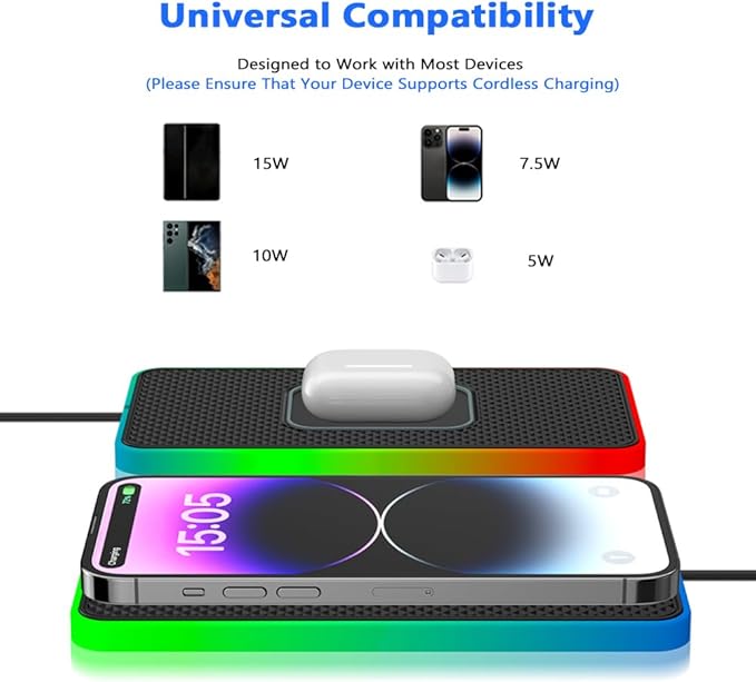 Cordless Car Charging Pad for GMC Sierra HD 2013 2014 2015 2016 2017, 5W/7.5W/10W/15W/20W Charging, Trim-to-Fit Non-Slip Phone Charging Mat with 8 Ambient Light Modes, 100cm Cable,A USB
