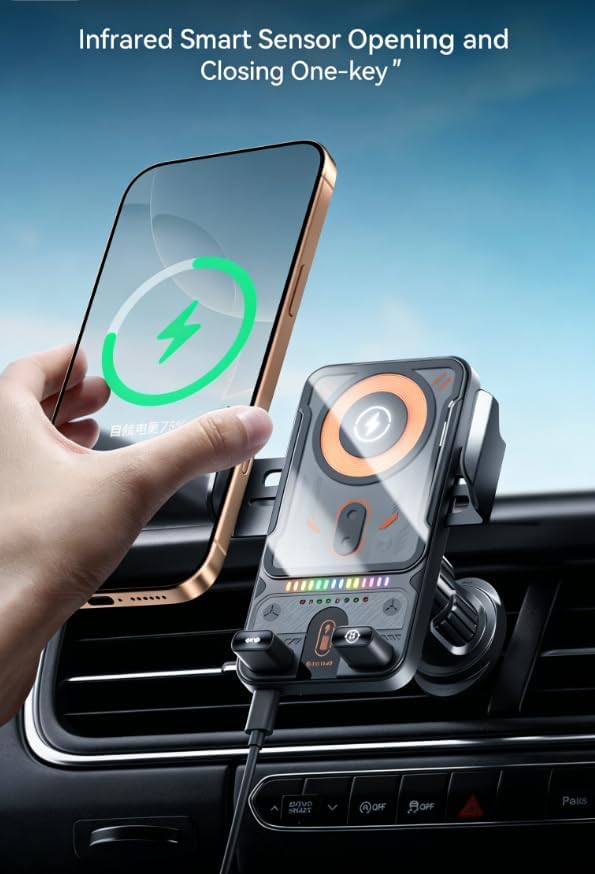 15W Car Air Vent Wireless Charging Phone Mount - Auto-Clamp Qi Fast Charger for iPhone Android, 90° Rotatable Phone Holder for Universal Car Vent Mounting