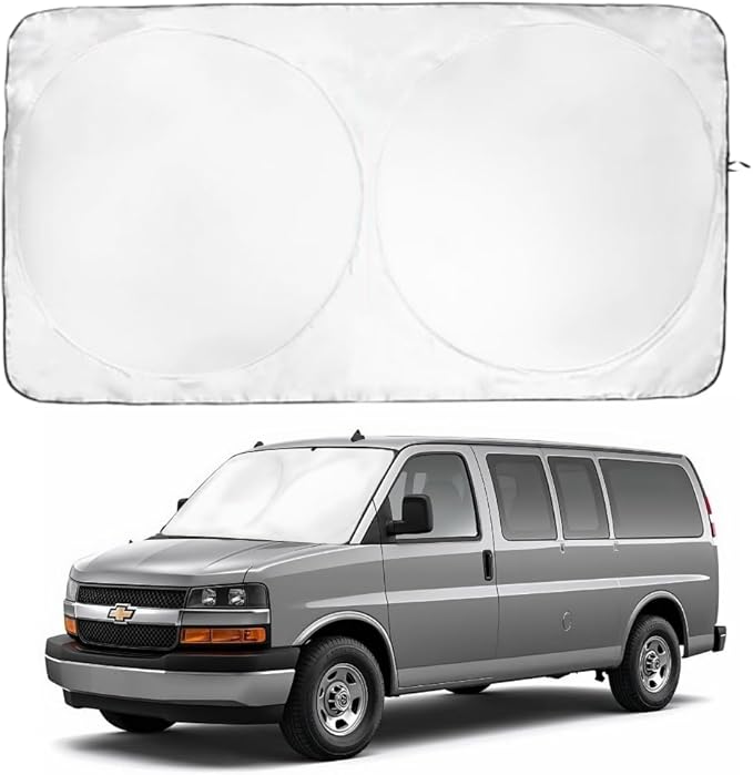 Windshield Sun Shade -Certified 99.87% UVB & 99.02% UVA Car Sun Shade. Award Winning Sunshade - Patented Technology | Compatible for Chevrolet Express 1996-present | Car Shades by Kinder Fluff