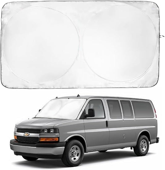 Windshield Sun Shade -Certified 99.87% UVB & 99.02% UVA Car Sun Shade. Award Winning Sunshade - Patented Technology | Compatible for Chevrolet Express 1996-present | Car Shades by Kinder Fluff