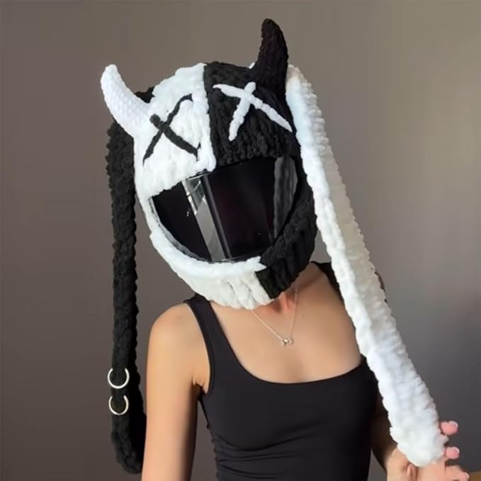 Cute Cat/Rabbit Ear Motorcycle Helmet Covers, Plush Funny Full Face Helmet Decoration Cover, Men Women Helmet Protective Cap, Novelty Animal Cartoon Plush Hat for Fun Ride Gift