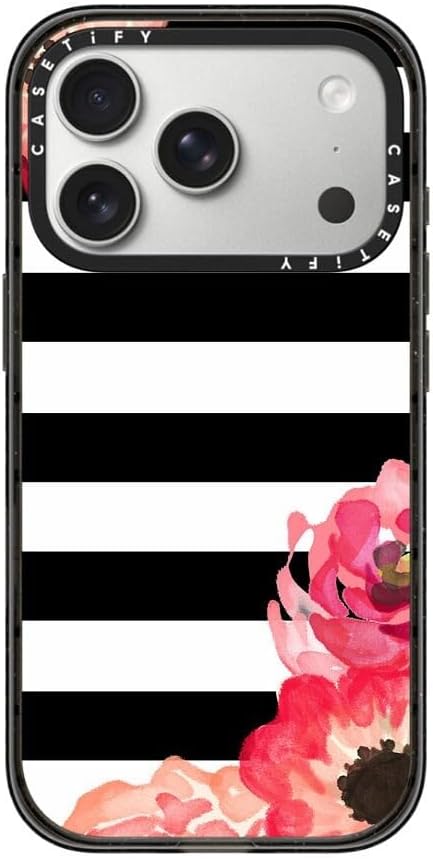 CASETiFY Impact iPhone 17 Pro Case [Slim/Compatible with Magsafe / 8.2 ft. 4X Military Grade Drop Protection] - Striped Florals (Black & White) - Clear Black