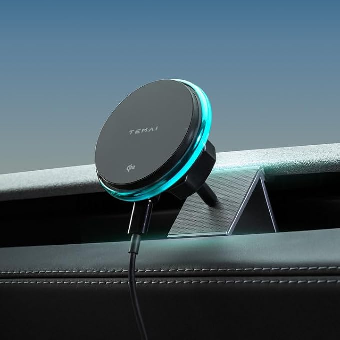TEMAI Car Mount Charger, 15W MagSafe Wireless Car Charger & Phone Holder for Model Y Juniper(2025)- Strongest Magnetic Fast Charging Accessories Slideable Air Vent Mount with Silicone Pads