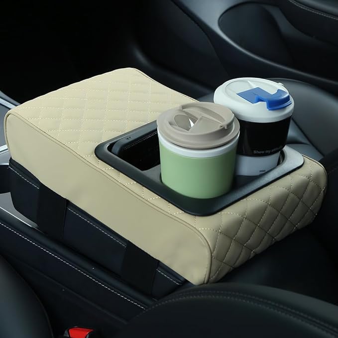 Supin Car Armrest Cushion - Multifunctional Faux Leather Armrest Cushion with Cup Holder, Phone Storage, and Ergonomic Design for All Seasons (Beige)