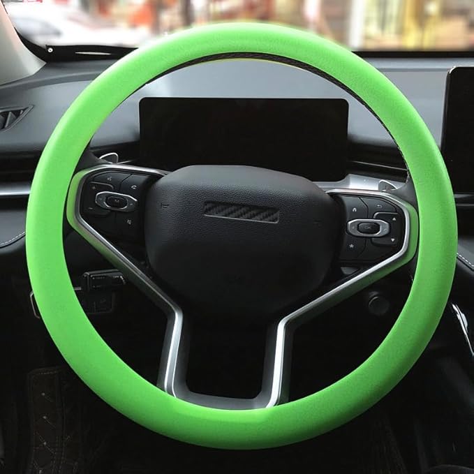 Green Car Steering Wheel Cover: Universal RPKEY 13.5 to 15 inches Silicone Steering Cover Compatible with Most Car Models Fit for Round D Shape
