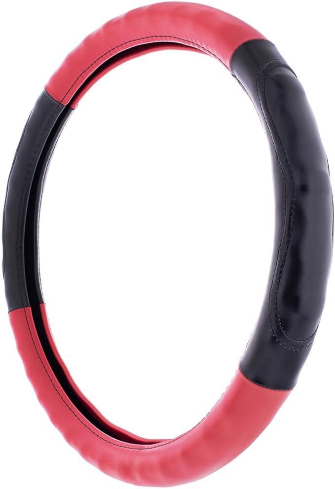 United Pacific 70406 18" Two Tone Steering Wheel Cover, Engineered Leather Construction, Euro Style, Large Grip – ONE Steering Wheel Cover – Black & Red